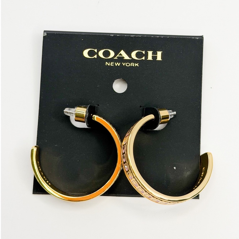 Coach Signature C Enamel Hoop Earrings Gold Tone Tan Brown Medium C-Link NWT